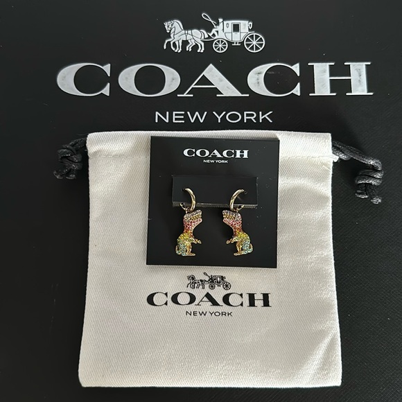 Coach Rexy Pavé Rexy Huggie Earrings Rainbow Crystal Gold Dangle Dinosaur Hoops - Picture 1 of 7